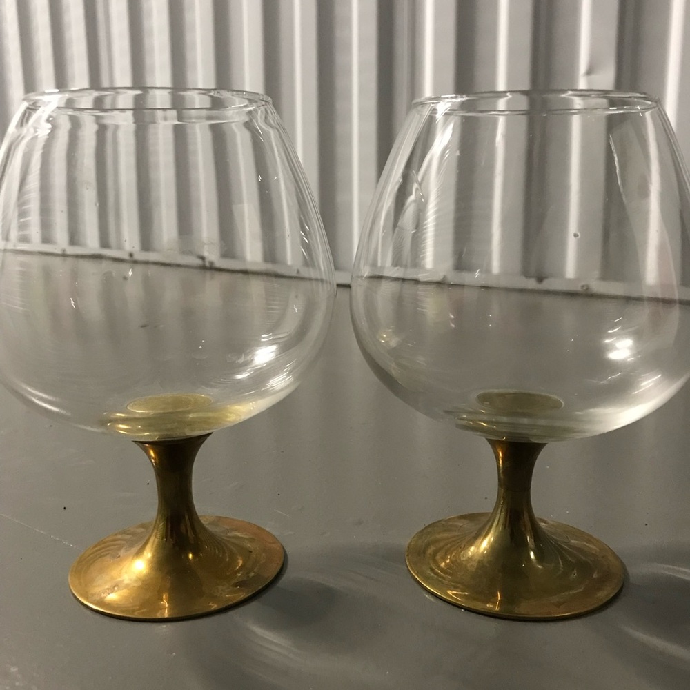 Rare Find. Set of 2 Vintage Glass Brandy Snifter with Brass Base. Excellent.